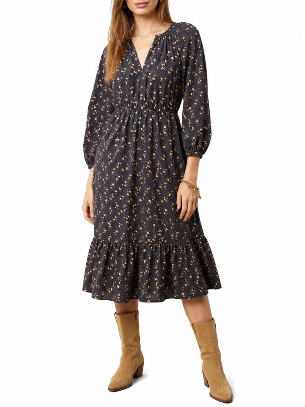 RAILS Sal Midi Dress Dark Romantic Floral XS 3/4 Puff Sleeve Ruffle Clasp Neck - Picture 1 of 16